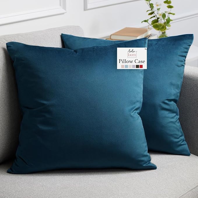 lalaLOOM Velvet Throw Pillow Covers, Set of 2, 18x18 Peacock