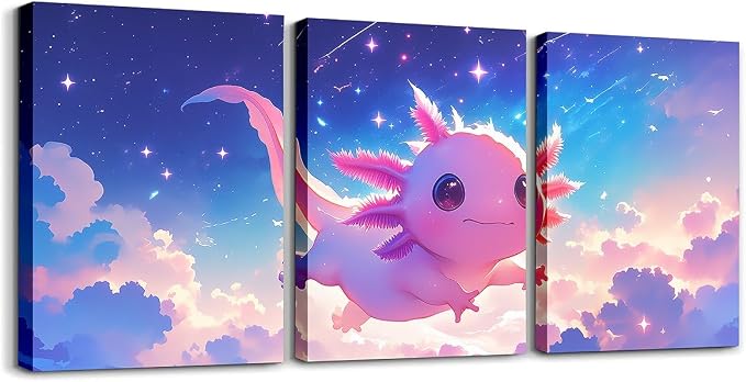 Feelyou Kids Cute Axolotl Picture Wall Decor Cartoon Salamander Canvas Wall Art for Living Room Bedroom Galaxy Wall Painting Posters and Prints Boys Girls Sealife Bathroom Wall Art 12"x16"x 3Pcs