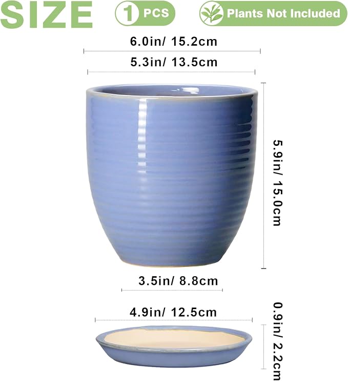 6 Inch Ceramic Pots for Plants - Ceramic Plant Pots with Drainage Hole and Saucer, Flower Pot for Indoor Plants, Round Modern Planter, Apartment Decor, Housewarming Gifts, Blue-Purple
