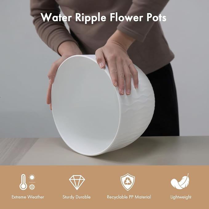 WSMKSZ 12 Inch Wide Water Ripples Flower Pots for Indoor or Outdoor Plants, Large Plant Pots with Drainage Holes & Saucer, Plastic Planters Set for Garden & Home Decor (White with Black Speckles)
