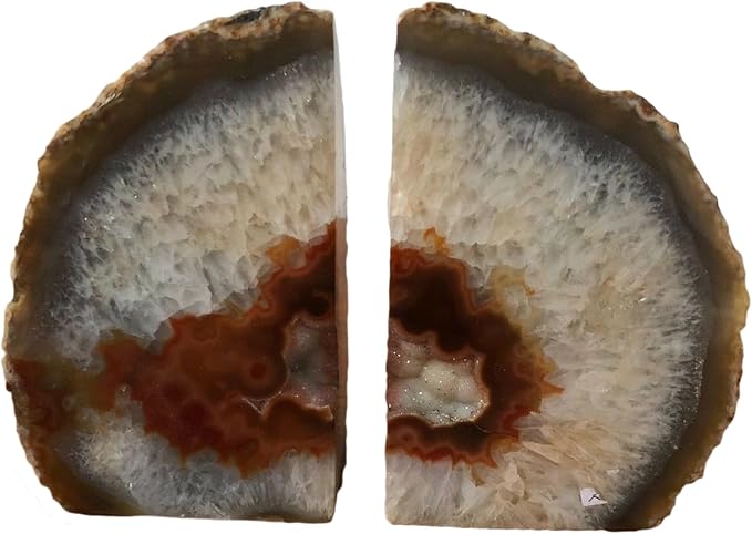 JIC Gem Natural Agate Geode Bookends Anti-Slip Rubber Bumpers 1 Pair 4-6Lbs | Heavy Duty Crystal Book Stoppers Cute Crystal Book ends Decorative Stone Book Supports for Shelf Desktop Home Office Decor