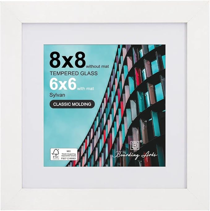Boarding 8x8 Picture Frames White,5x5 Mat,Tempered glass,Engineered Wood