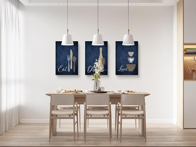 GUBIYU Kitchen Wall Art Set of 3, Navy Blue Wall Art, Rustic Farmhouse Decor, Eat Drink Love Sign, 24"x36"