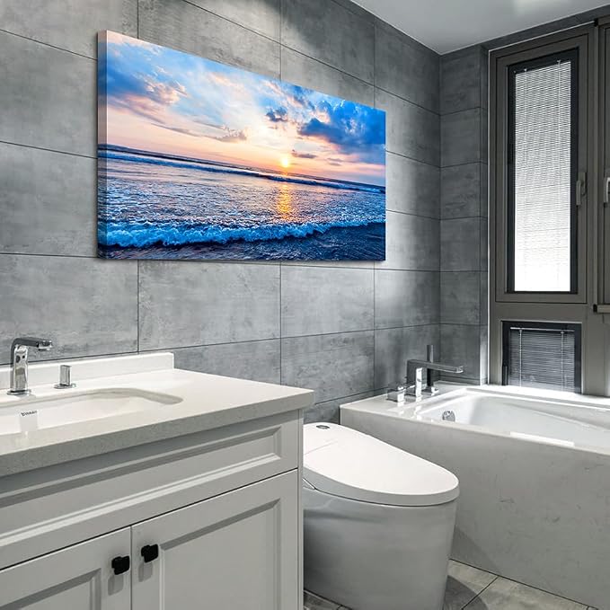Wapluam Canvas Wall Art For Living Room Office Wall Decor Blue Beach Ocean Sea Waves Landscape Wall Painting Ready To Hang Bedroom Home Decorations Canvas Prints Posters Pictures Wall Mural Artwork