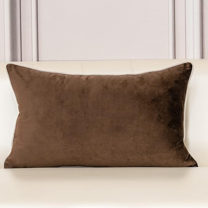 Aeckself European Floral Pillow Cover 12x20 Inch, Luxury Velvet Embroidered Decorative Lumbar Throw Pillow Cover for Couch Bedroom Living Room, Brown and White