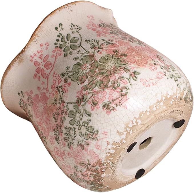 Ceramic Pots for Plants, Pink Colorful Vintage Plant Pot with Drainage Hole | 6.11 Inch Crackle Glaze Planter for Indoor/Outdoor Plants, English Cottage Shabby Chic Home Decor, Pastel Meadow