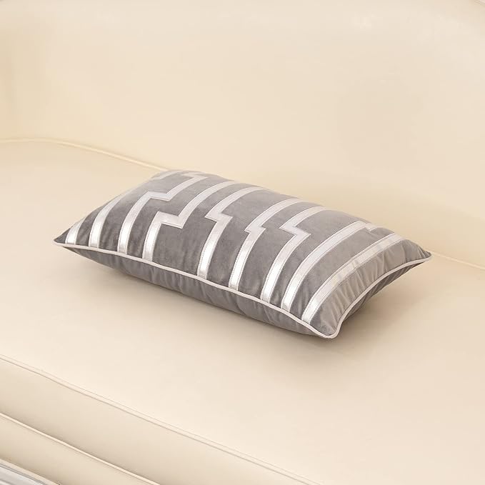 Alerfa Geometric Gold Leather Striped Throw Pillow Cover 12x20 Inch, Luxury Velvet Embroidered Decorative Lumbar Pillow Cover for Couch Living Room Bedroom, Gray