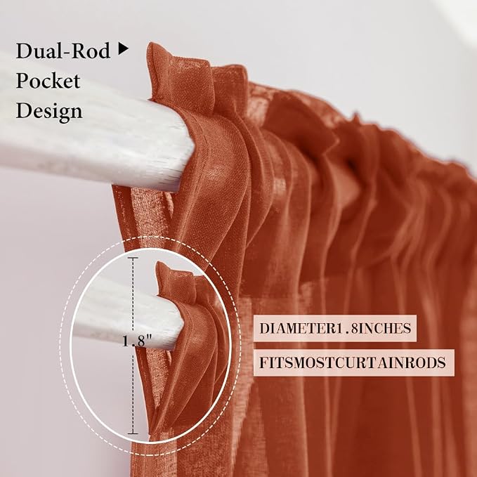 MIULEE Boho Fall Terracotta Linen Textured Sheer Curtains 54W×90L 2 Panels | Semi Transparent, Farmhouse, Window Net Panels with Rod Pocket for Bedroom Living Room