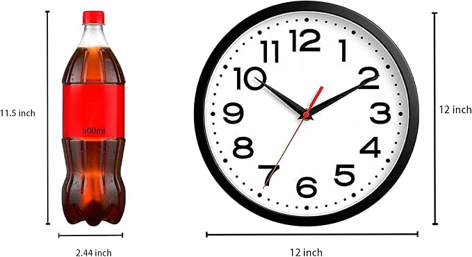 Roymnie 12 Inch Wall Clock, Battery Operated Silent Non Ticking Black | analog wall clock; bold numerals for easy reading; silent non-ticking; 1 AA battery (not included); for classroom