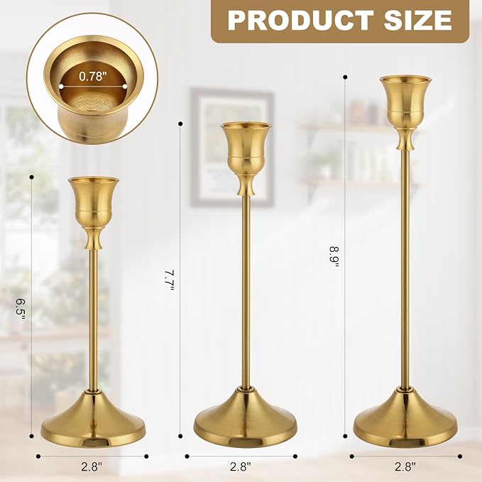 Candlestick Holders, 6PCS Metal Taper Candle Holder, Brass Gold Candle Holders for Candlesticks, Candle Holder for Wedding Fireplace Mantel Housewarming Gift