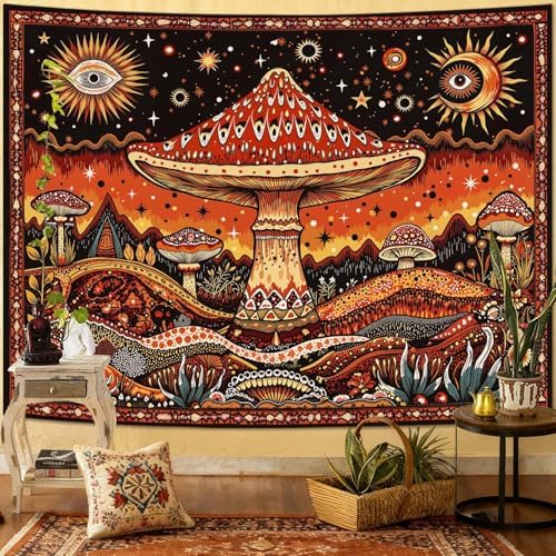 Neasow Hippie Mushroom Tapestry, Mystic Sun Moon Eye Wall Hanging, Aesthetic Boho Nature Orange Decor for Bedroom Dorm Living Room, 36x48 inches