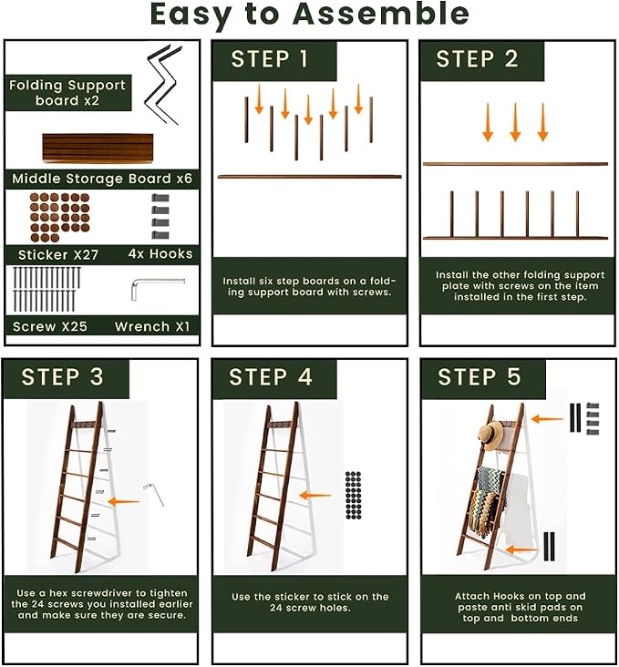 Wooden Blanket Ladder for Living Room 6-Tier, Decorative Ladder Blanket Rack & Quilt Ladder Decor, Rustic Farmhouse Wood Ladder with Removable Hooks, Anti-Slip Sturdy Blanket Holder, 68 Inch, Brown