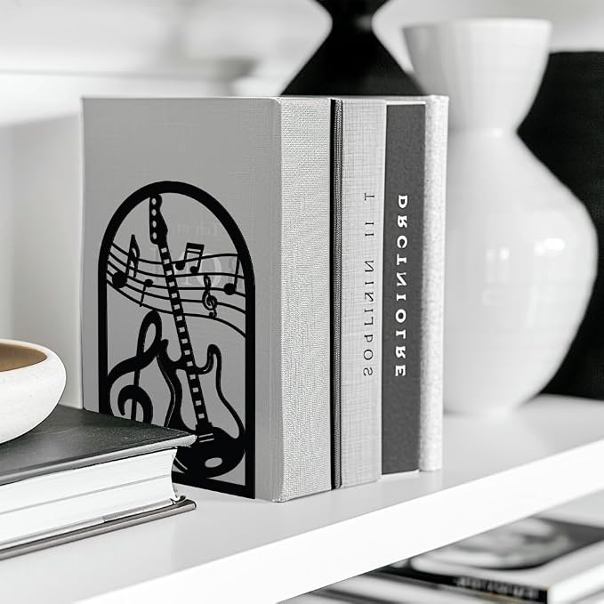 Peacoblue 5.3"x4.3"x7.9" Metal Bookends, Heavy Duty Book Ends for Shelves | Guitar and Music Note Theme Cast Iron Book Supports, 1 Pair Decor Stoppers for Desk, Library, Office & Home Shelves