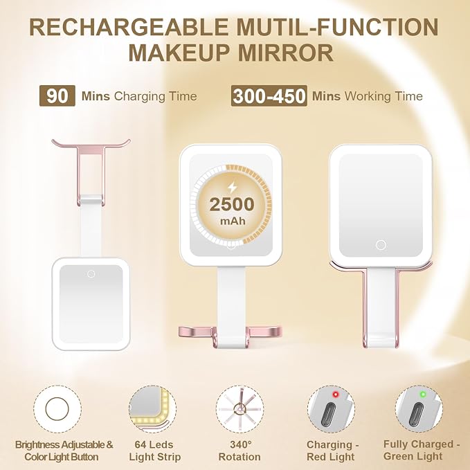 Mocado Travel Makeup Mirror with Light, 1x/10x Magnifying Mirror With Light, 3 Colors Lighted Magnifying Mirror, 2000mAh Rechargeable Lighted Makeup Mirror, Dimmable Touch, Memory Function (Rose Gold) | Double Sided Travel Mirror with 3 Color Light,Dim...