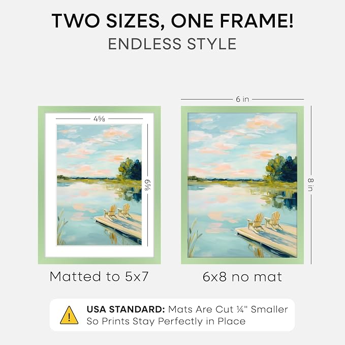 Homeforia 6x8 Green Picture Frame, High-End Metal, 5x7 Mat, Glass
