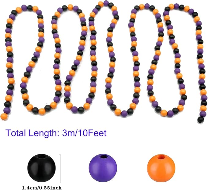 10ft Wooden Bead Garland, Wood Bead Decoration for Halloween Party, 14mm (Orange, Purple & Black)