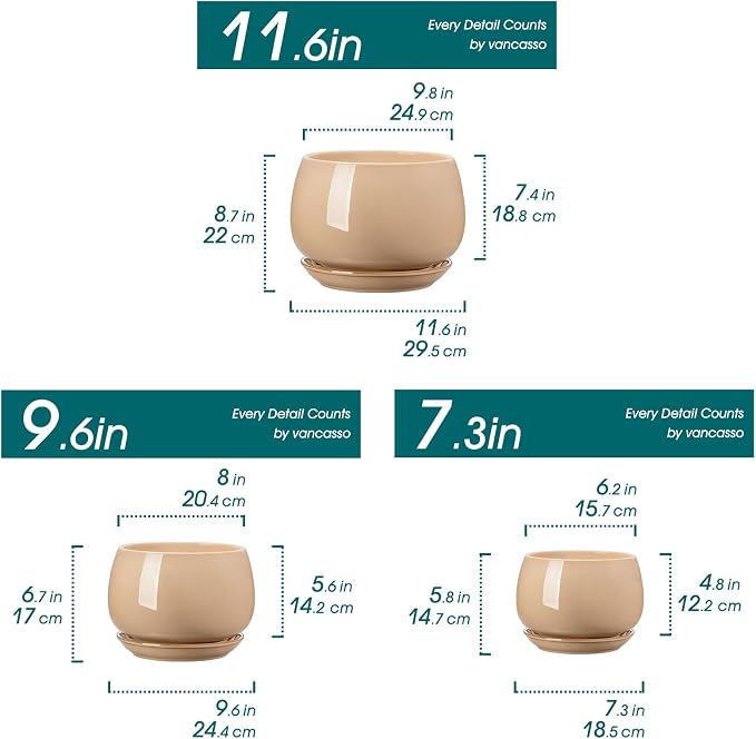 vancasso 3-Pack Ceramic Plant Pots, 7.3/9.6/11.6 Inch Indoor Planters with Saucers & Drainage Hole Planter pots for Indoor Plants and Flower, Brown