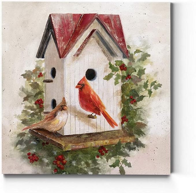 Renditions Gallery Christmas Abstract Wall Art Holly Red Cardinal Birdhouse Canvas Hanging Artwork Prints for Bedroom Living Room & Kitchen Decorations - 10"X10" LT05