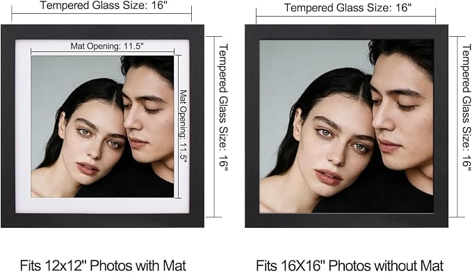16x16 Picture Frame-Black, 12x12 Mat,Engineered Wood,Polished Plexiglass