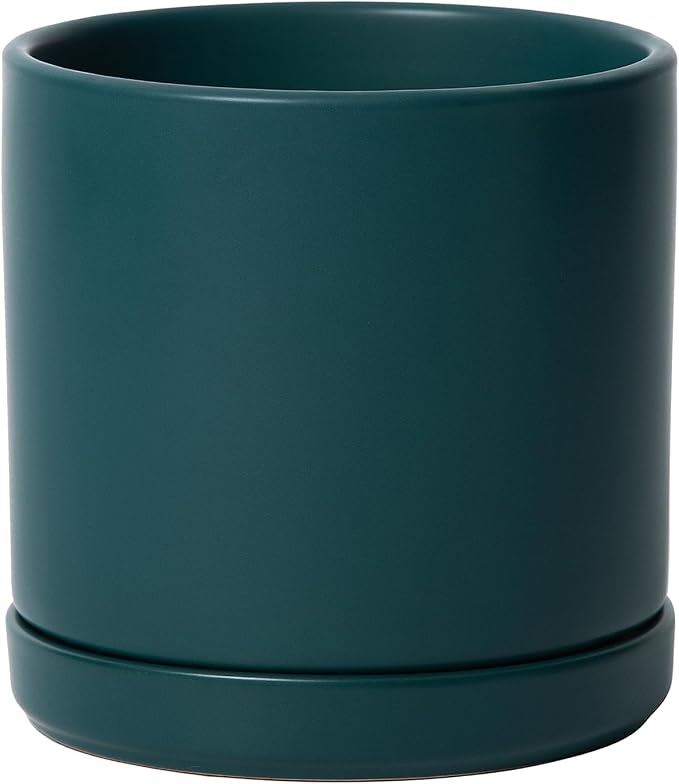 D'vine Dev 6 Inch Ceramic Planter Pot, Teal, 94-O-C-9 | Modern Cylinder Design, Drainage Hole & Saucer Included, Stable Structure, Elegant Home Accent