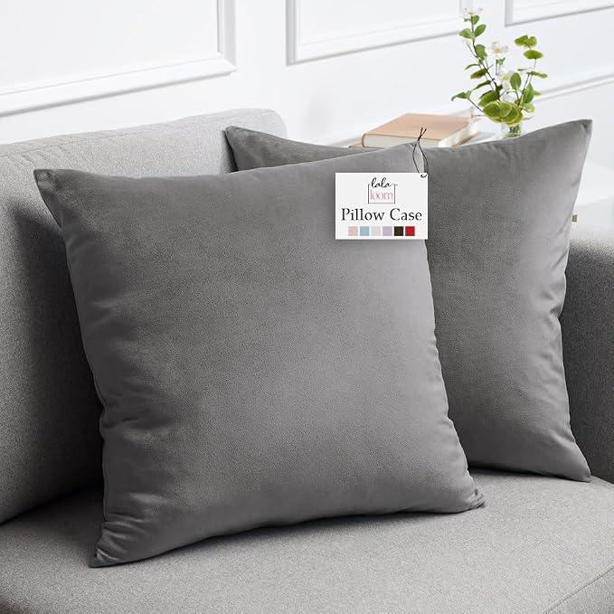 lalaLOOM Velvet Throw Pillow Covers, Set of 2, 20x20 Dark Gray