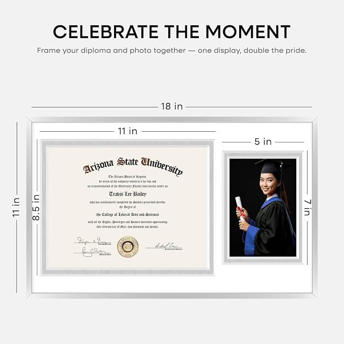 Homeforia 11x18 Silver Diploma Frame, High-End Metal, 8.5x11 & 5x7 Mat
