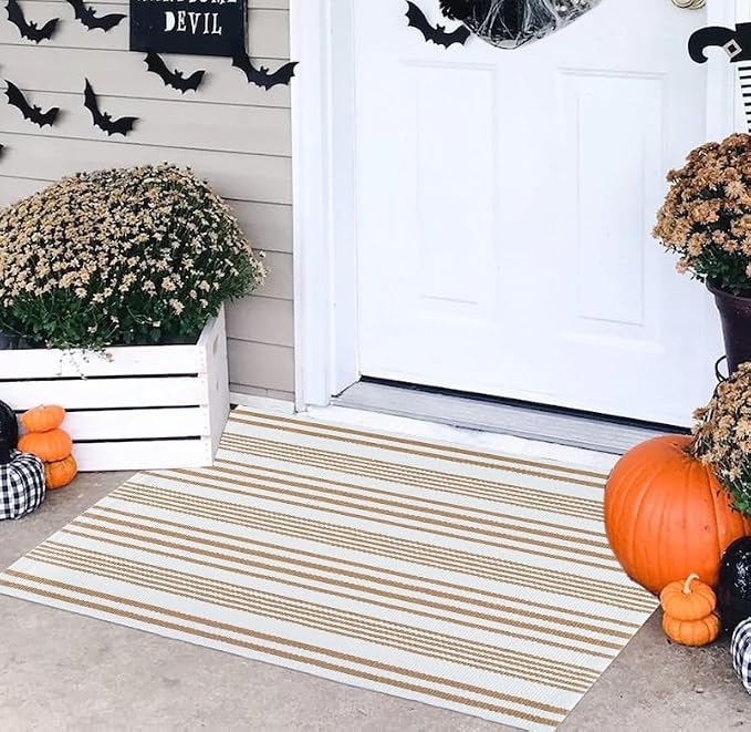 Khaki and White Striped Outdoor Rug 24'' x 35'' Door Mat Outdoor Machine Washable Welcome Mats Cotton Hand-Woven Entryway Rug for Front Porch/Entryway/Laundry/Bathroom/Bedroom