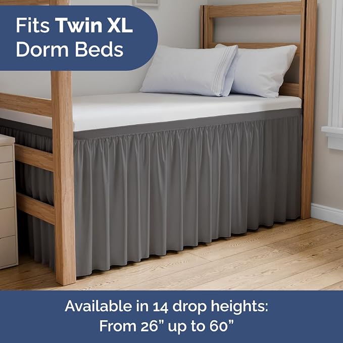 Dorm Room Bed Skirt Full XL - College Dorm Essentials - Dark Grey, 30 Inch | Extra Long Dust Ruffled College Bedskirt with Split Corners, Easy Fit Elastic Strap, Adjustable, Fade & Wrinkle Free