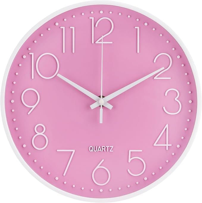 Wall Clock 10 Inch Non-Ticking Silent Modern Simple Style Round Decor Clock Pink Stereoscopic Dial Quartz Wall Clocks for Home/Office/School/Living Room/Bedroom/Kitchen