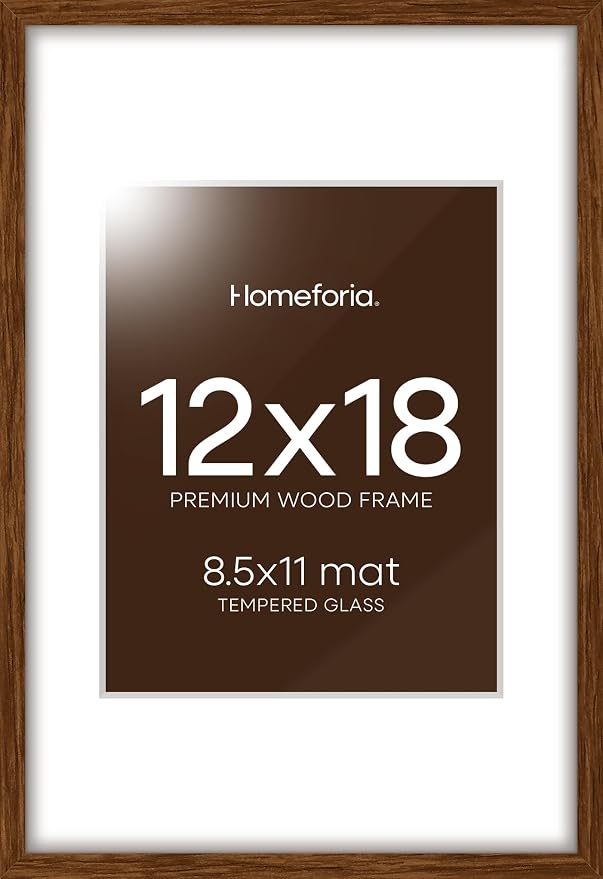 Homeforia 12x18 Brown Oak Picture Frame, High-End Wood, 8.5x11 Mat, Glass