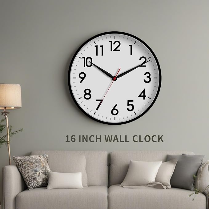 AKCISOT 16 Inch Wall Clock, Silent Battery Operated Analog Clock, Black | Large Size | Living Room | Kitchen | Classroom | Office | Easy to Read Numbers