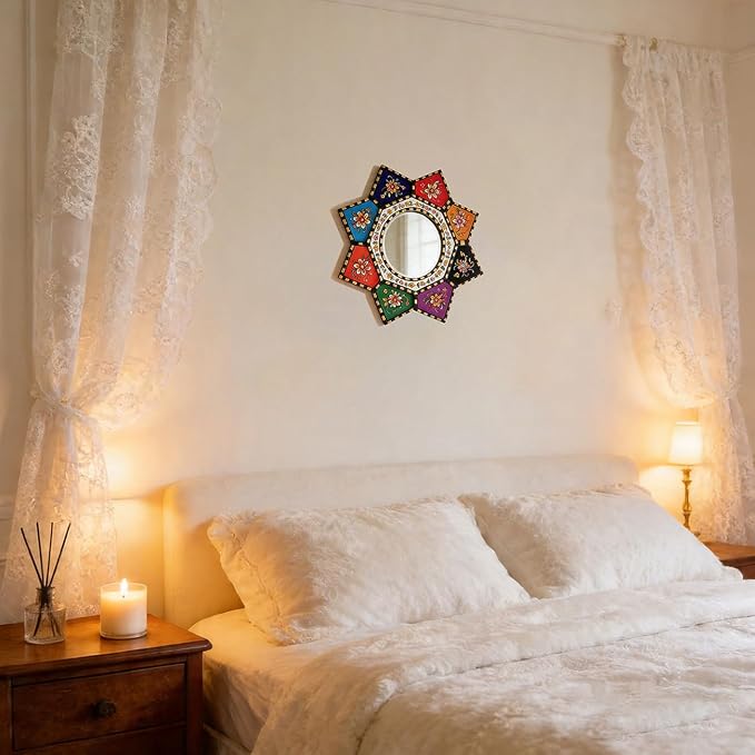 Starburst Decorative Wall Mirror Colorful Boho Moroccan Small Accent Mirror | Multicolor Painted Wood Framed Shatterproof Acrylic Adhesive Mirror Round Ethnic Wall Art Mirror for Entryway Hallway Bedroom