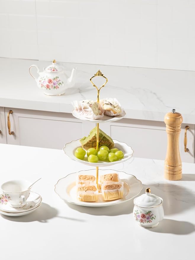 Sweejar 3 Tier Ceramic Cake Stand Wedding, Dessert Cupcake Stand for Tea Party Serving Platter(White)