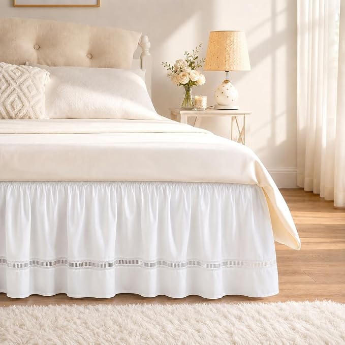 Ruffled Lace Bed Skirt King 15" Drop, Elastic Wrap Around Bedskirt | Solid Ruffled, Easy to Use, No Mattress Lifting, Wrinkle & Fade Resistant, with Adhesive Strips, Machine Wash/Dry/Iron