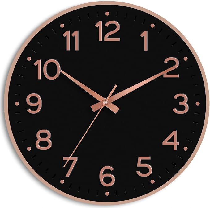 Roymnie 12 Inch Wall Clock Battery Operated Silent Non Ticking Analog | Black Rose Gold modern analog; large 3D easy-read dial for kitchen, office, bathroom & bedroom; 1 AA battery (not included)