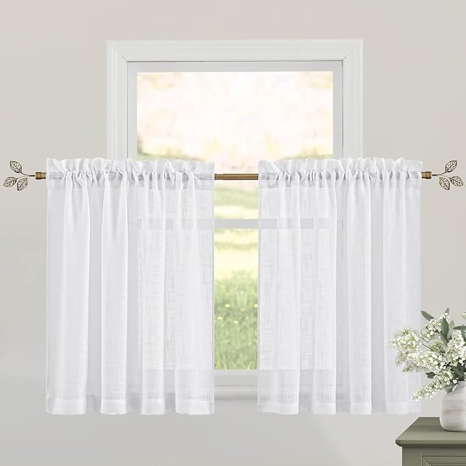 RYB HOME Kitchen Sheer Curtains Over Sink 36 inches Length | Half Window Tiers, Flax Linen, Country Rustic, for Bathroom, Bedroom, RV, Basement, White, W52 x L36, 2 Panels