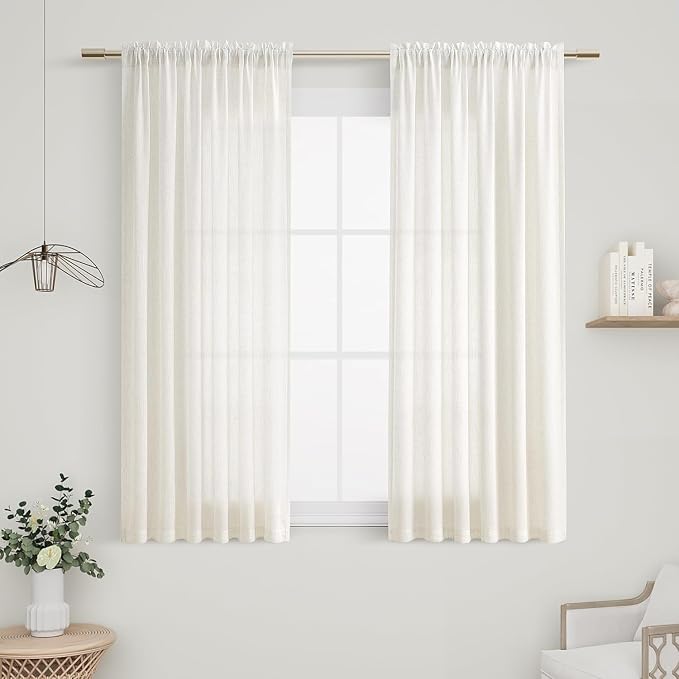 Linen Short Curtains 45 Inches Long for Living Room Natural Cream Semi Sheer Curtain Rod Pocket 2 Panels Set Boho Farmhouse Light Filtering Window Drapes for Bedroom Beige Ivory 38x45