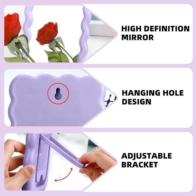 Wave Table Desk Vanity Makeup Mirror Small Make Up Office Mirror Purple | Desk Decor,Cute Mirror,Cute Desk Accessories,Mini Mirror,for Standing Hanging,6.7X5.3Inch,Home Decor