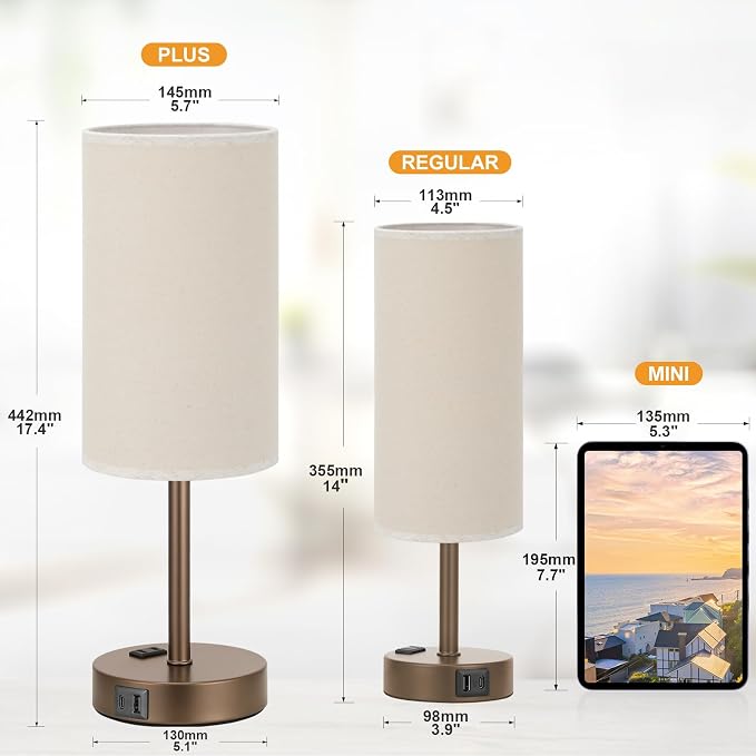 Fenmzee 17.4" Brown Lamp for Bedroom - Dimmable Touch, USB A+C, AC Outlet