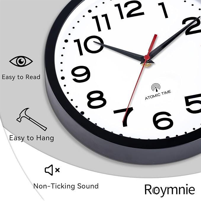 Roymnie 14 Inch Atomic Wall Clock, Battery Operated Silent Non Ticking | Black analog wall clock; bold numerals for easy reading; silent non-ticking; 1 AA battery (not included); for classroom