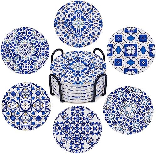 Ceramic Coasters for Drinks Absorbent - Metal Holder Set, Dry & Clean, Anti-Slip Cork Bottom - Blue and White Porcelain, Perfect for Living Room, Kitchen, or Outdoor Use