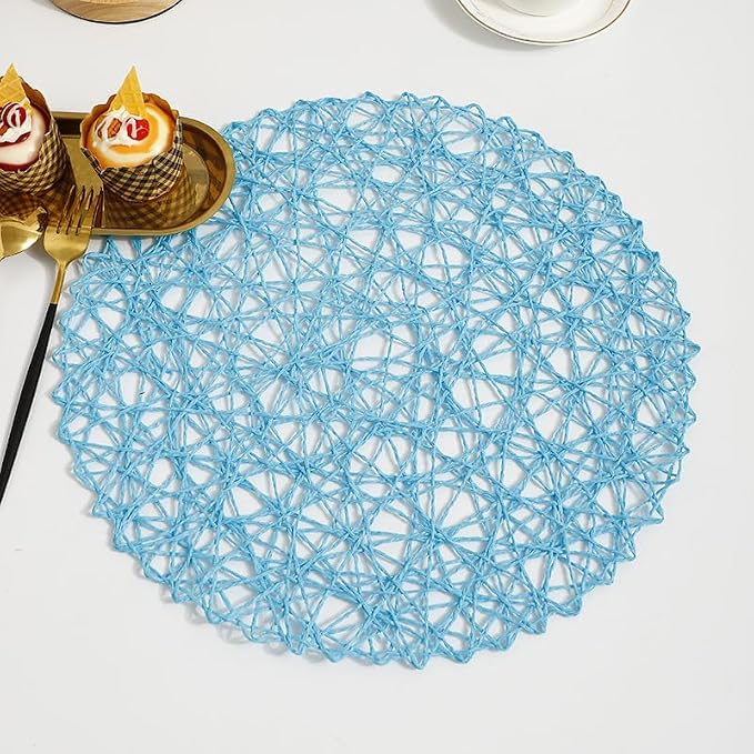 IcosaMro Sky Blue Round Placemats Set of 12 for Dining Table, 13 Inches Paper Woven Boho Small Decorative Circle Place Mat for Wedding Christmas Thanksgiving Day Holiday Dinner, Sky Blue