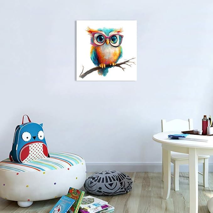Ypxzzj Cute Owl with Glasses Canvas Wall Art,Colorful Owl Decor Wall Art Pictures Painting Poster Artwork for Children's room Bedroom Living room Decor Framed Ready to Hang