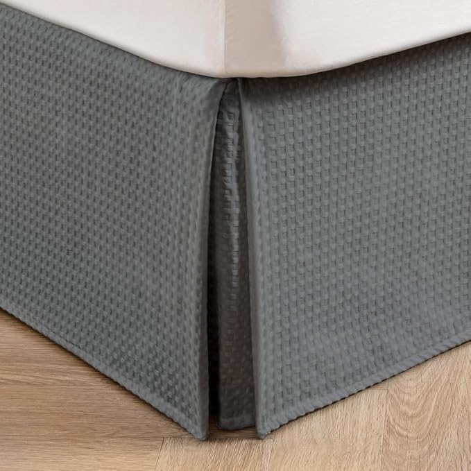 MIYE Pleated Waffle Weave Bed Skirt, Tailored Dust Ruffle 12 Inch Drop Easy Fit, Machine Washable (Dark Grey, King - 12" Drop)