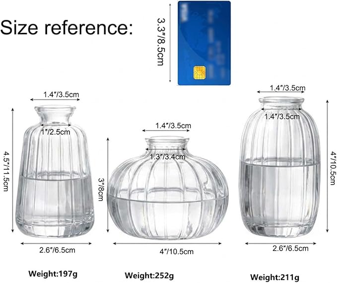 Glass Bud Vases Set of 3, Small Flower Vases in Bulk, Mini Ribbed Vases for Centerpieces, Clear Vintage Vase for Table Decorations, Wedding, Party, Receptions, Home Decor (Clear)