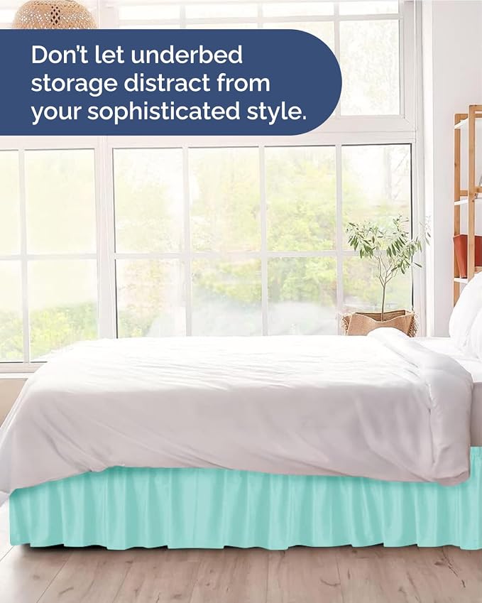 Wrap Around Dust Ruffle Bed Skirt - Spa Blue - for Twin Size Beds w/ 9 Inch Drop - Easy Fit Elastic Strap - Adjustable Pleated Bedskirt with Brushed Fabric - Wrinkle-Free - Women, Men, Kids & Teens