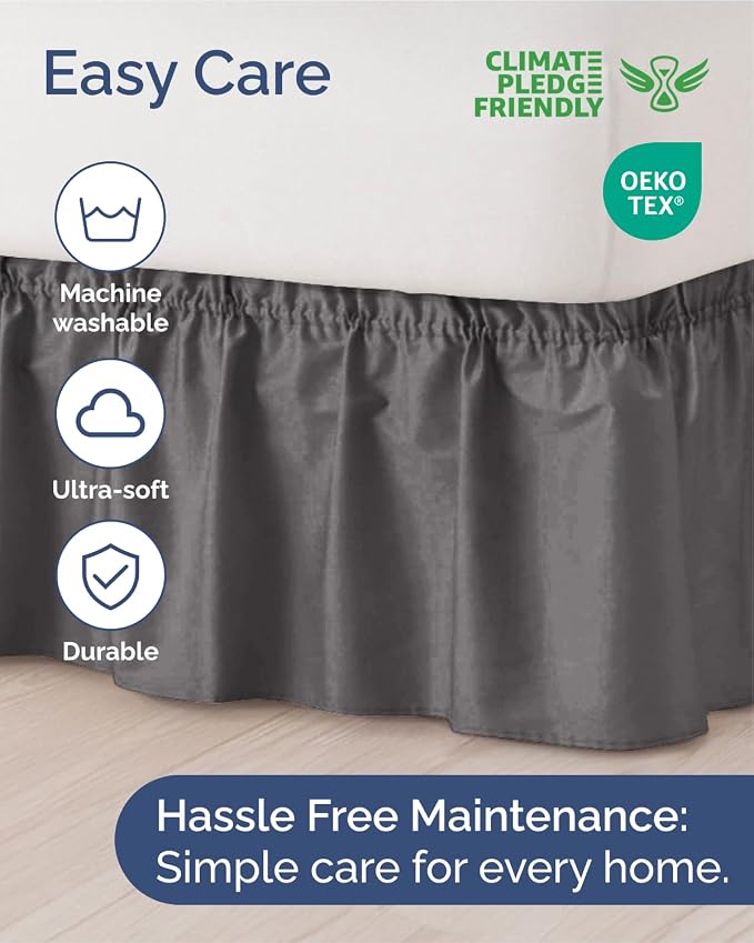 Wrap Around Dust Ruffle Bed Skirt, King Size Beds - 12 Inch Drop, Charcoal | Easy Fit Elastic Strap, Adjustable Pleated Bedskirt w/Brushed Fabric, Wrinkle & Fade Free, for Women, Men, Kids & Teens