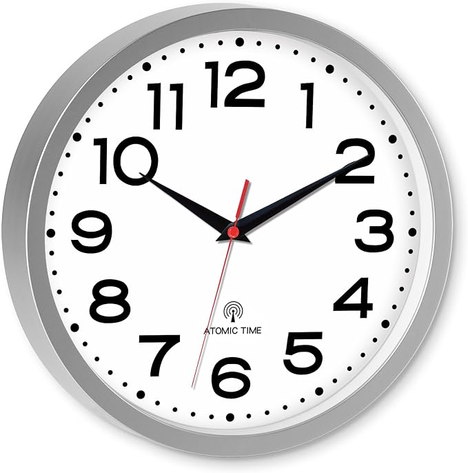 Roymnie 10 Inch Atomic Wall Clock, Battery Operated Silent Non Ticking | Silver analog wall clock; bold numerals for easy reading; silent non-ticking; 1 AA battery (not included); for classroom