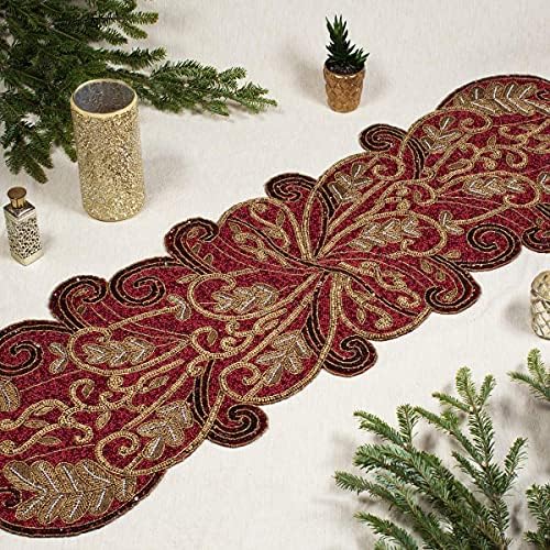 COTTON CRAFT Handmade Beaded Table Runner - 13x36 inches - Red & Gold