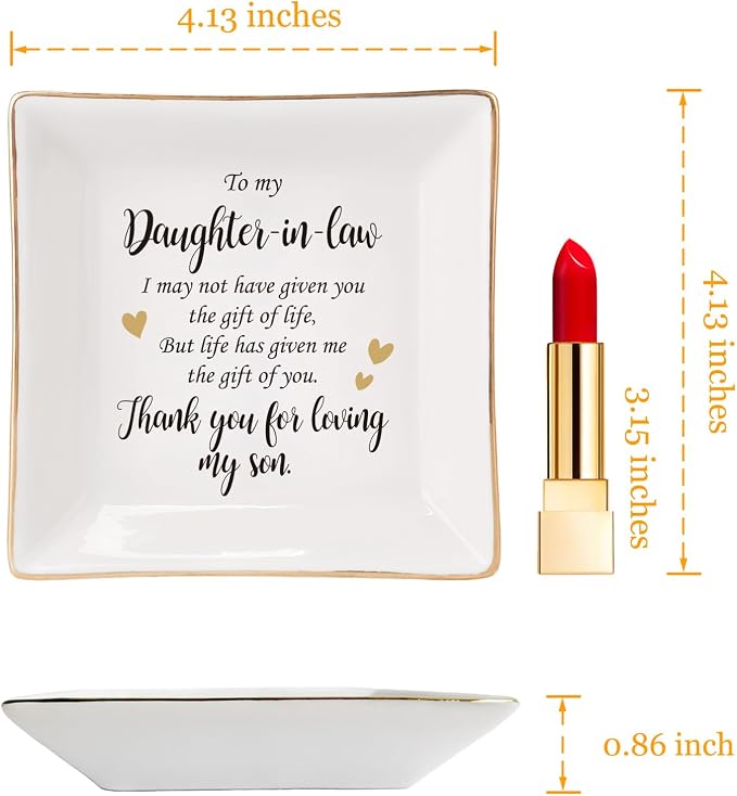 HOME SMILE Mothers Day Gifts for Daughter in Law Ceramic Ring Jewelry Dish Tray Plate for Birthday Christmas Valentines Wedding-Thank You for Loving My Son